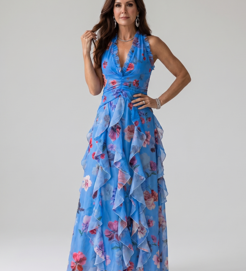 Fionnuala - Floral Ruffle Halter Maxi Dress